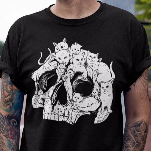 Tops - Funny Cats Skull Shirt Halloween Gift Skeleton Cat Unisex T-shirt